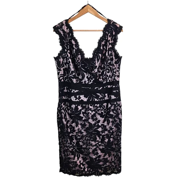 Tadashi Shoji Black Lace Overlay Cocktail Dress 16 Elegant Romantic Sheath - Picture 2 of 14